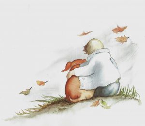 Junge und sein Hund sitzen auf einem kleinen Hügel und beobachten, wie der Herbstwind die Blätter umherweht. Damit sein Liebster nicht friert, wärmt ihn den Junge mit einem Teil seiner Jacke und umhalst ihn liebevoll.
Rührend gezeichnet von Hans Wilhelm für sein Buch "Ich hab' Dich so lieb!"