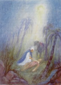 Farbige Buch-Illustration von Katharina Gutknecht, die den Vierten König und Weisen zeigt, der seinen Ritt unterbricht, um einem am Boden liegenden verletzten Menschen zu helfen.