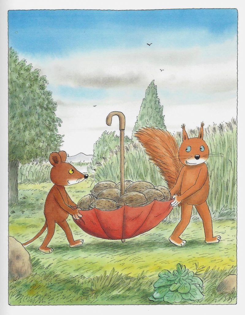Illustration aus Erwin Mosers "Die Erdmaus und der Regenschirm": Die Erdmaus und das Eichhörnchen haben den geöffneten roten Regenschirm umgedreht mit dem Stock nach oben. Den Stoffschirm verwenden sie zum Transportieren von Walnüssen. 